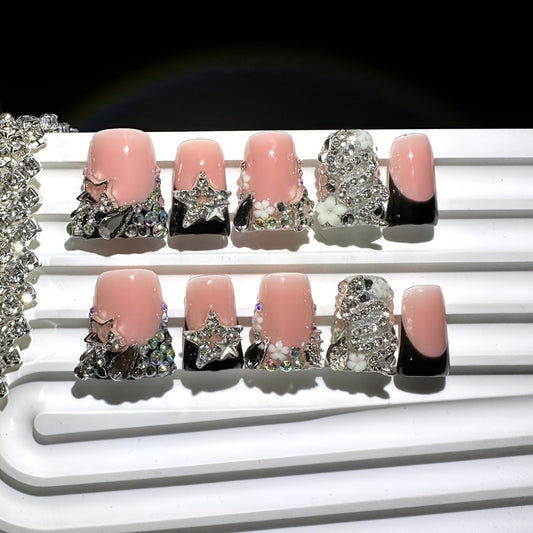 10pcs Short Duckbill Black French Style with Silvery Snake Full Diamond Shiny Stars Handmade Press on False Nails Suitable for Weddings Parties Birthday Gifts