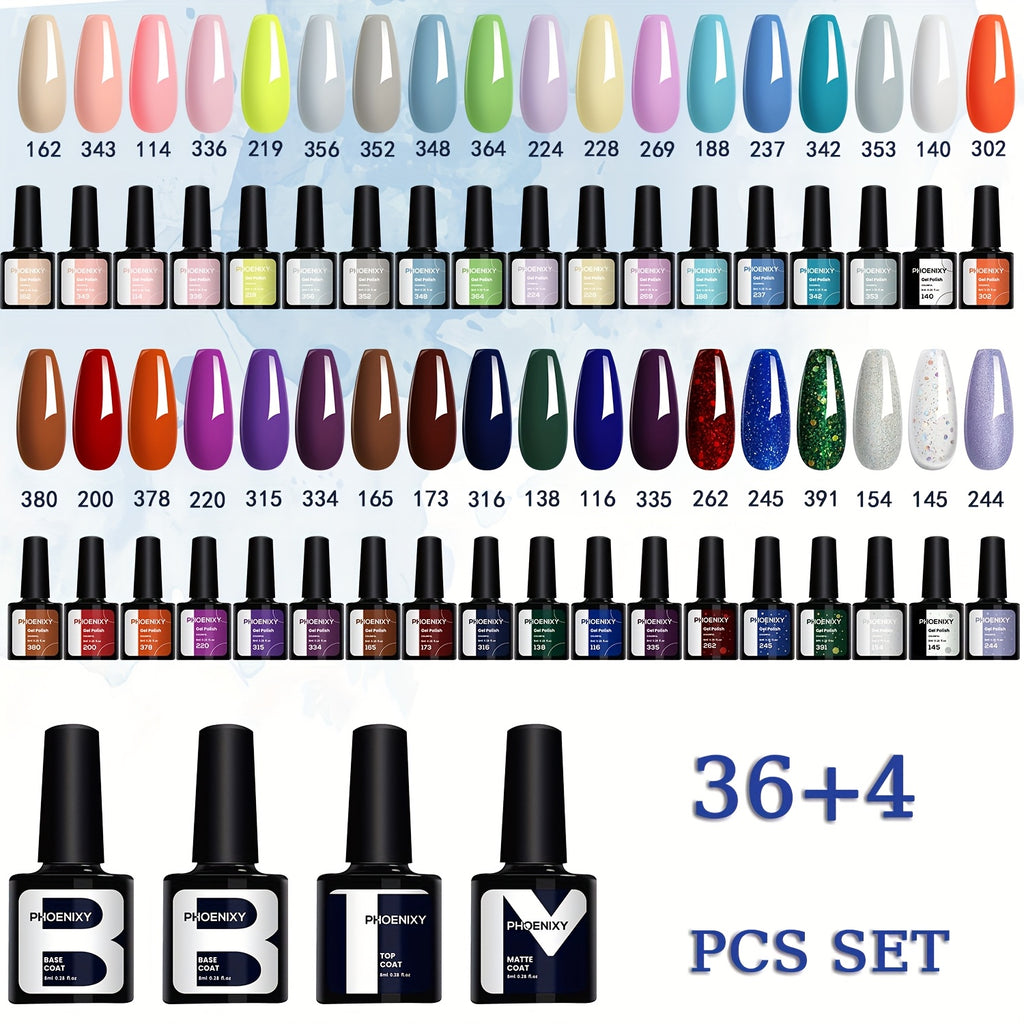 PHOENIXY 40pcs Gel Nail Polish Kit, 36 Colors Gel Nail Polish Set with Base Glossy Matte Top Coat Gel Nail Kit Pink Blue Red At Home Nail Kit Gifts for Women