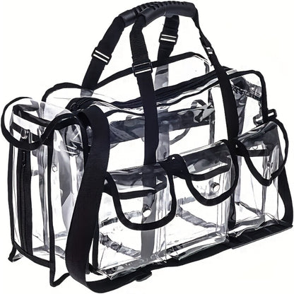 Clear PVC Bag Extra Large Transparent Stadium Approved Tote with Adjustable Shoulder Straps 3 External Pockets Travel Bag for Men Women