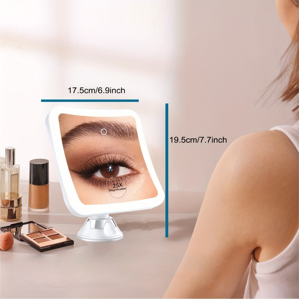 2000mAh Rechargeable 25X Magnifying Mirror with Light, Suction Cup, Locking Suction Mount, Travel Magnifying Mirror with 360° Adjustable, Travel Makeup Mirror with Dimmable Touch & 3 LED Light Settings, Valentine's Day Gifts, Weddings, Birthday Gift
