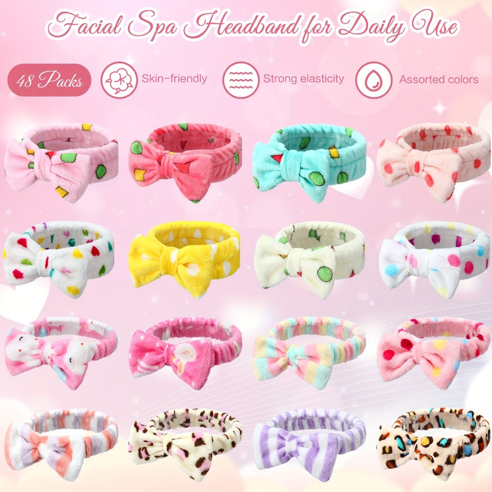 Spa Headbands for Women 48 Pack Fluffy Plush Bow Hair Band Facial Makeup Headbands for Washing Face Shower Cleansing Skincare Novel Pattern Mixed Color Bulk Set