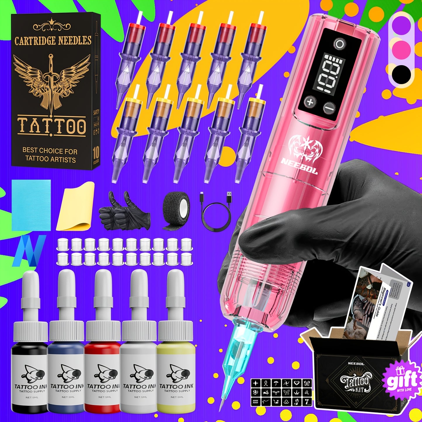 Rotary Tattoo Machine Kit Cordless Complete Set - Wireless Tattoo Pen Screen Display 6-8Hr Battery 20 Needles 7 Inks Full Supplies Beginners & Artists