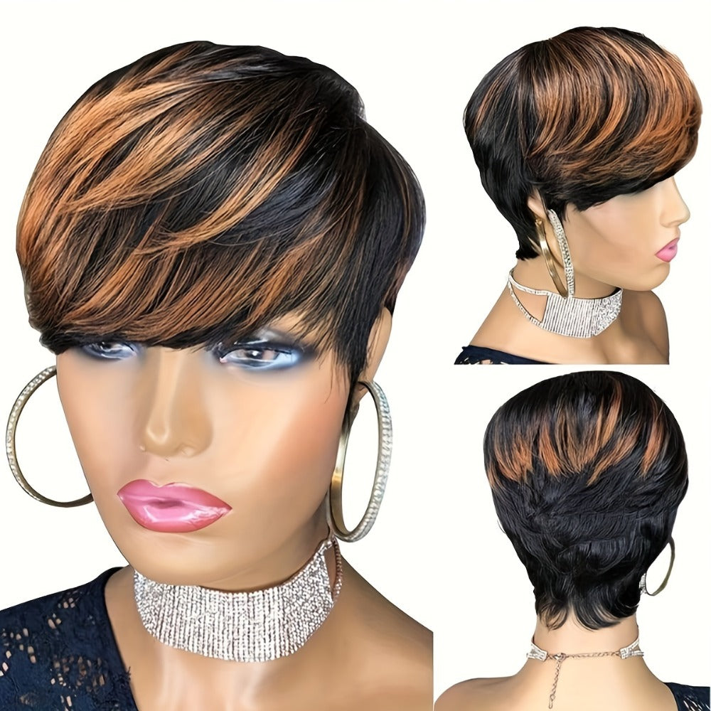 Highlight Synthetic Ombre Black Brown 1B/30# Short Straight Pixie Cut HairStyle Wigs With Bangs