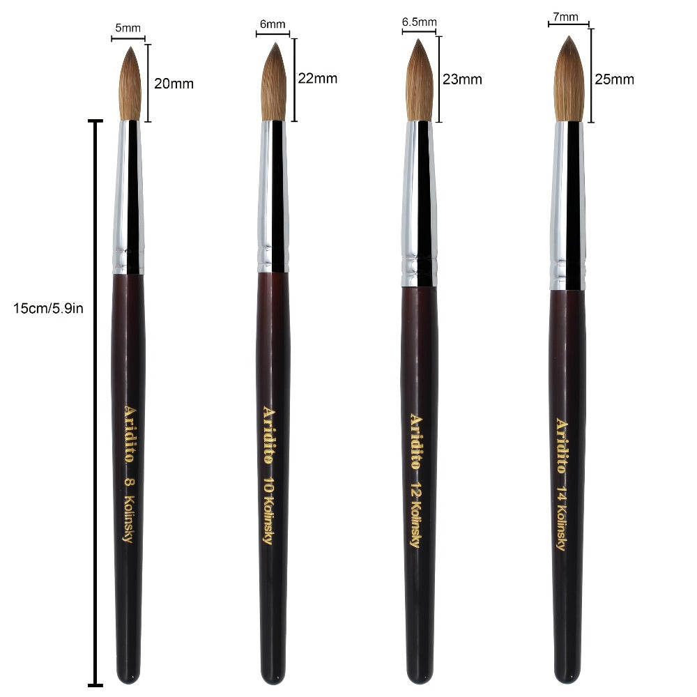 Aridito Round Head Kolinsky Acrylic Nail Art Brush Red Wine Color Wooden Handle for Professional Manicure Home Salon (Size 8 10 12 14)
