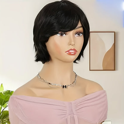 Curly Wavy Bob Wig Human Hair with Bangs – Short Pixie Cut None Lace Front Rose Net Cap, Natural Black 1B, Versatile Daily Wear & Cosplay Wig for Women, 6 Inch