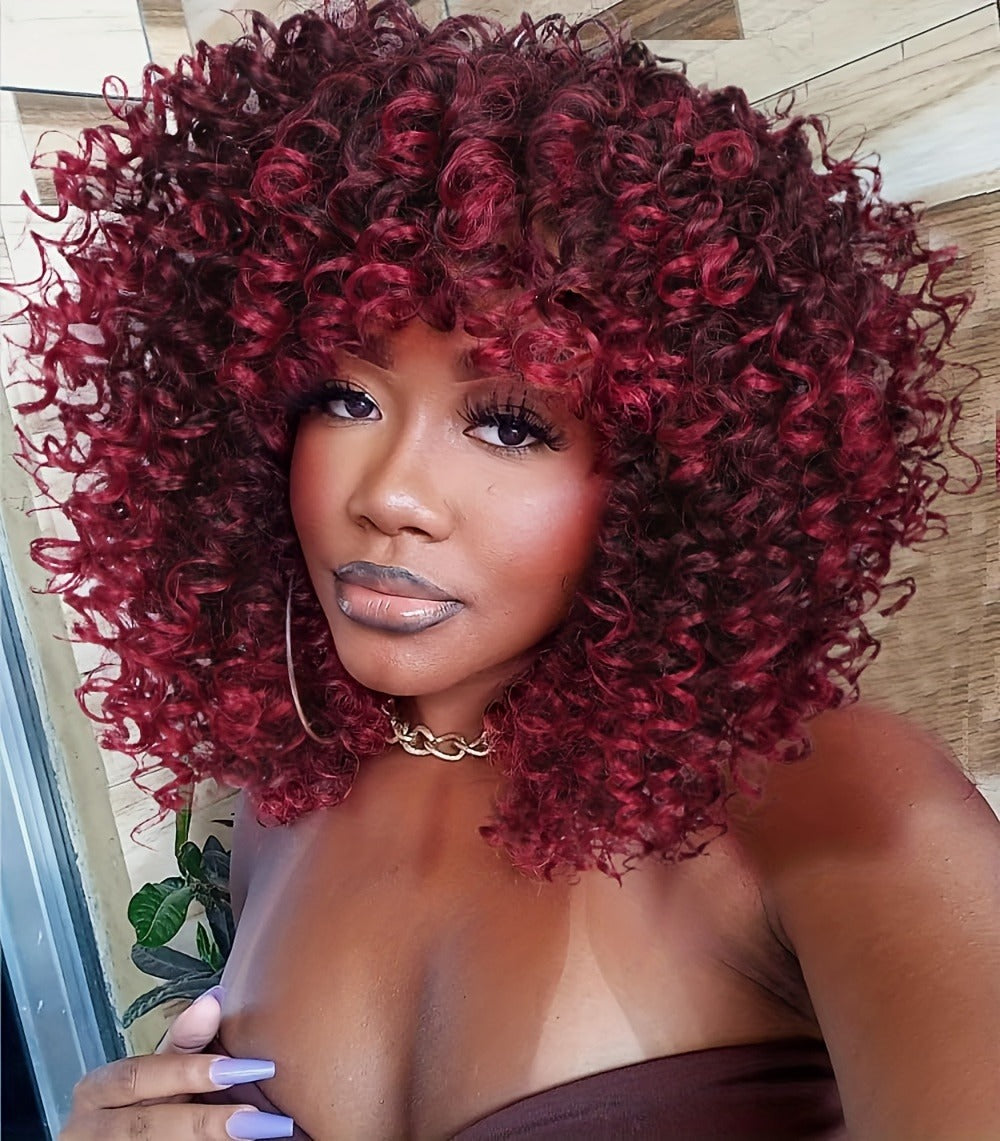 Afro Kinky Curly Wig for Black Women — Short Synthetic Wig with Bangs, 180% High Density, Natural Fluffy Curls, Stretch Cap, Daily Wear & Party, Fits All Head Sizes