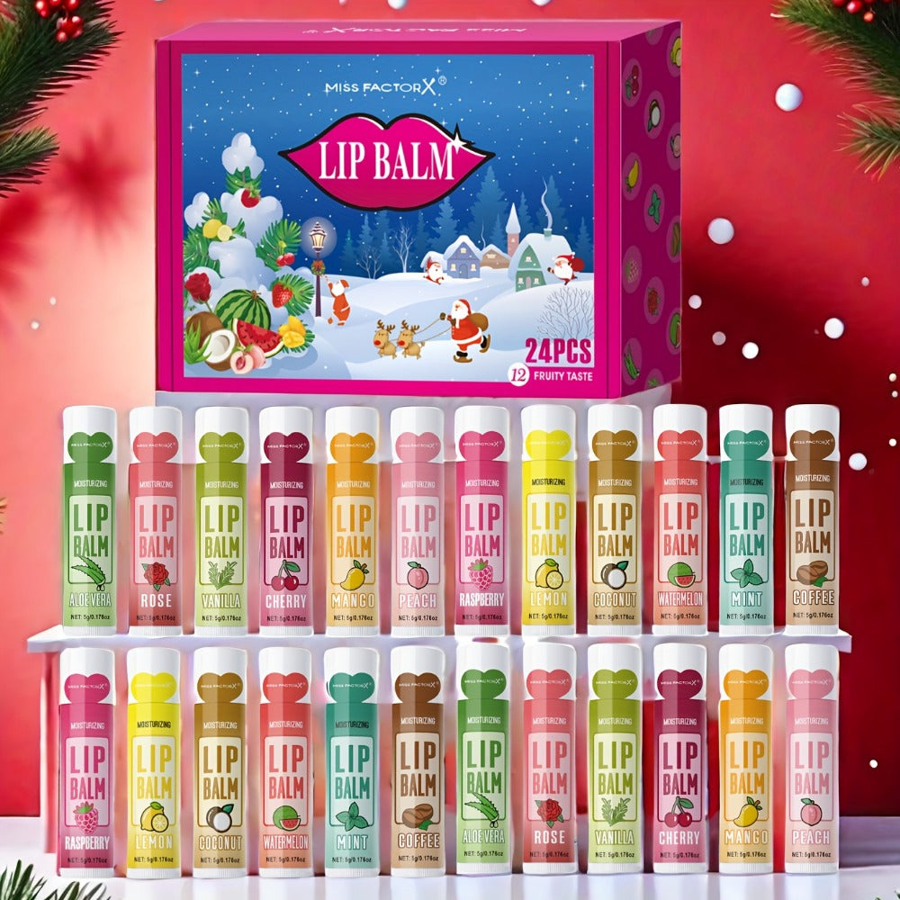 [Christmas Lip Balm Set] 24pcs/Box Christmas Theme Gift Lip Balm Set | Plant Fragrance, Long-lasting Moisturizing, Brightening Lip Color, Suitable for Men and Women, New Year Party Gift for Women