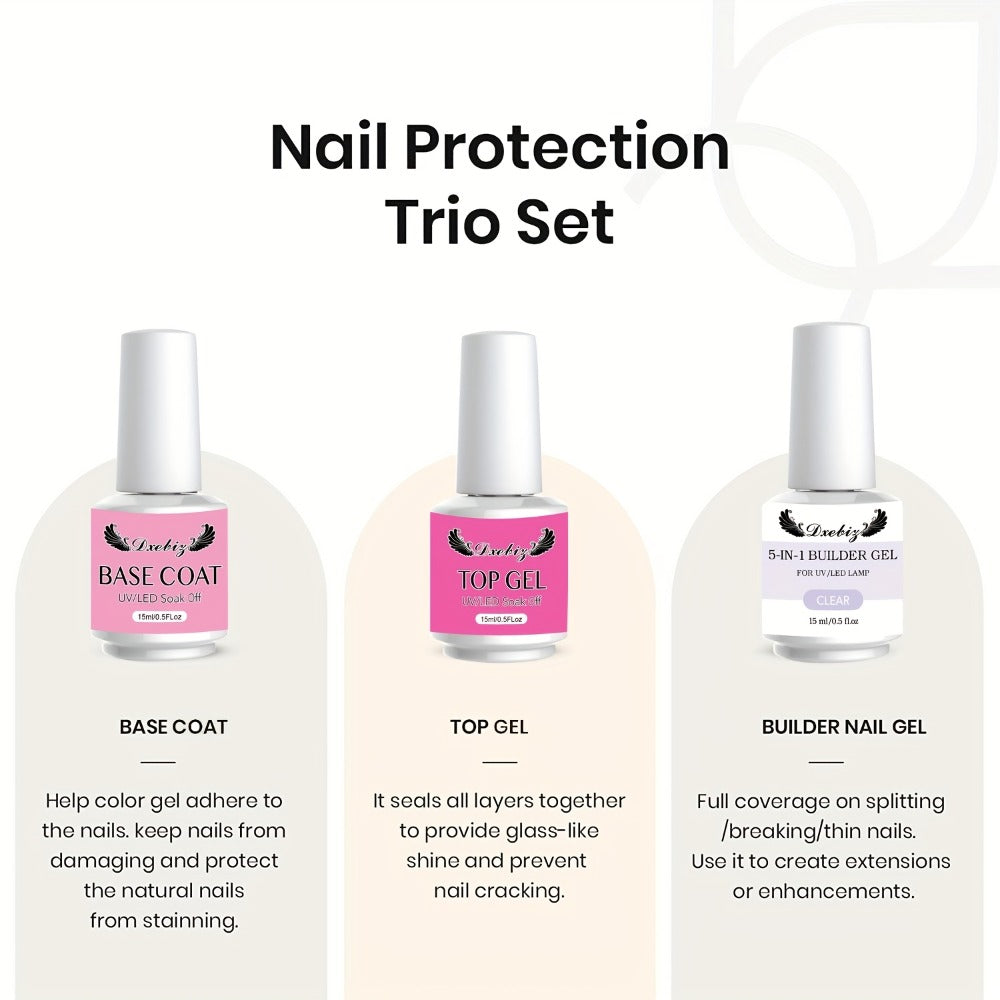 Builder Gel Nail Kit 5-in-1 Clear Nail Extension Gel with Primer Nail Strengthening Gel Nail Brush Repair Set 0.51oz Beginner Home DIY Nail Art Starter Kit for Natural Nails