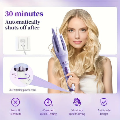 Automatic Rotating Curling Iron 4 Temperature Settings Negative Ion Ceramic Barrel Anti-Tangle Auto Shut-Off Dual Voltage 110-240V Fast Heat 30s Beginner-Friendly Gift for Women