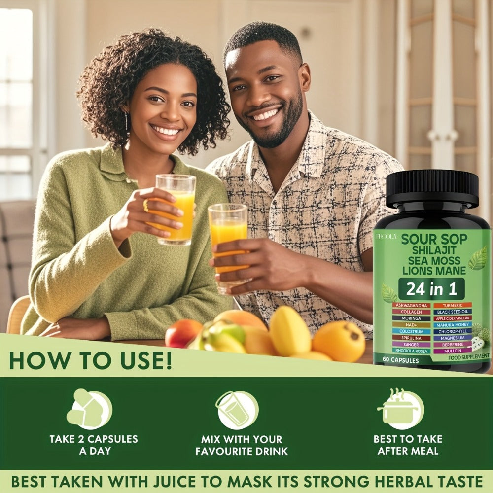 [Natural Supplement] Soursop Capsules [ 24-In-1 ] - Natural Supplement With Sea Moss, Shilajit, Lions Mane, Black Seed Oil, Chlorophyll & Turmeric - Gluten-Free, Formula For Immune & Liver Health, Daily Wellness Supplement | Herbal Label Design | Natural