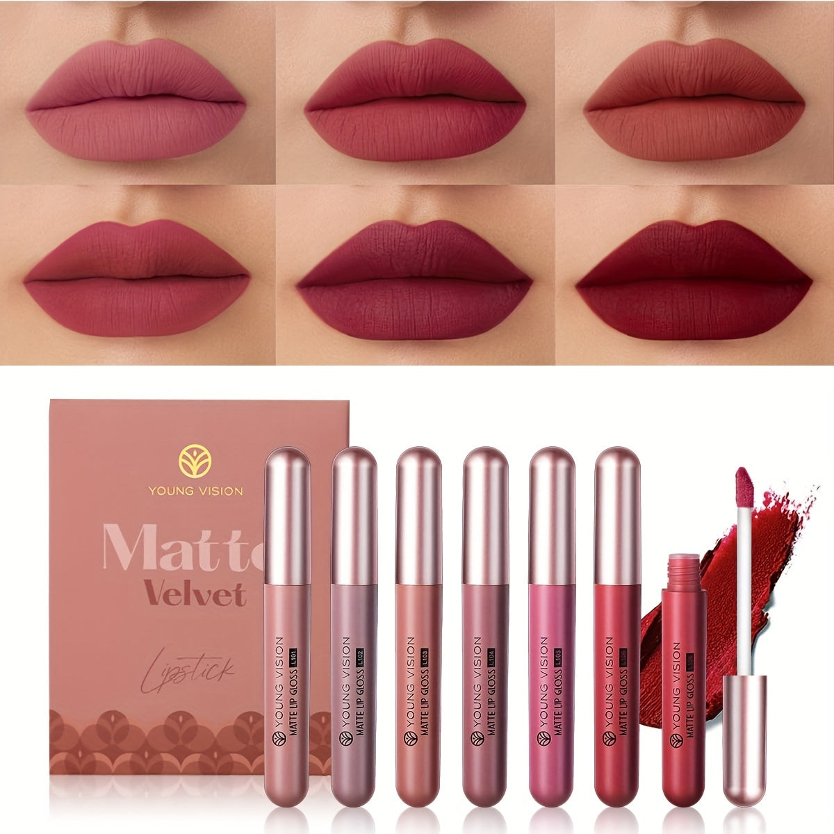 Liquid Lipstick Set 6pcs Matte Nude Long Lasting High Pigment VISION Lip Gloss Bundle Waterproof Smudge Proof Lip Color Kit Gift for Women Girls