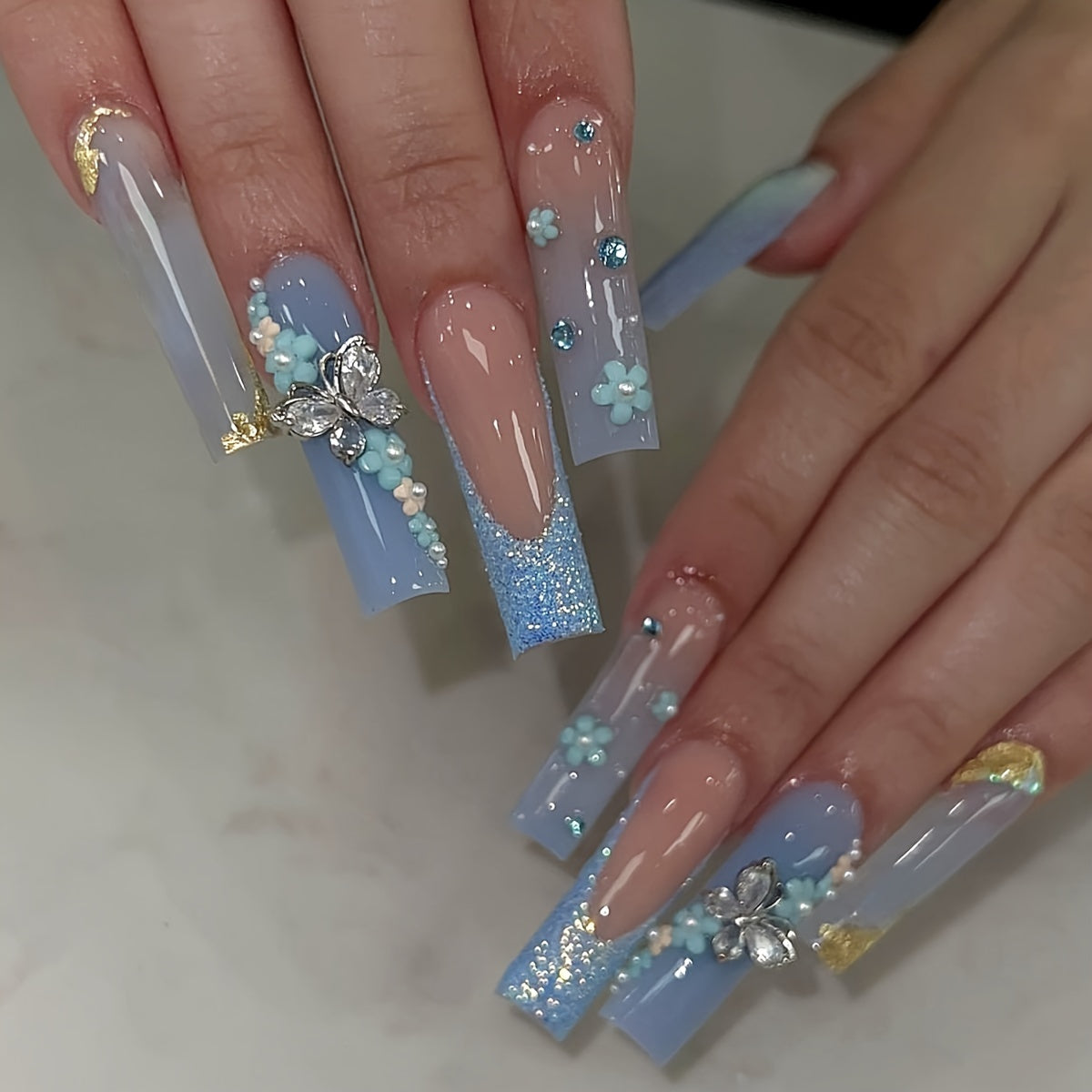 (100pcs) 4Pack Glossy Long Ballerina Fake Nails And 4pcs Bracelet Blue Gradient Press on Nails with 3D Flower Butterfly Rhinestone Design Beads Bangle Sparkling Full Cover False Nails for Women