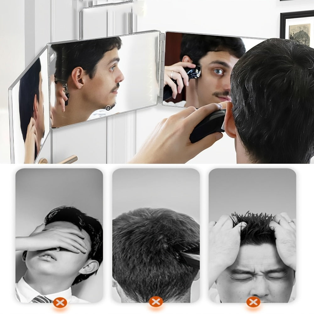 BANBERS Folding Three-Sided Mirror, Three-Way Mirror for Haircutting, with Height-Adjustable Telescopic Hook, Two Fixing Nails, 360° Viewing Angle, Clear Anti-Fog HD Glass. The Three-Way Mirror Can Be Used for Shaving, Makeup, Hairstyling, and Hair