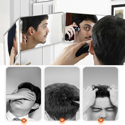 Three-Way Mirror for Haircutting 360° View, Folding Three-Sided Mirror with Height-Adjustable Telescopic Hook, Anti-Fog HD Glass, for Self Hair Cutting Shaving Makeup Hairstyling at Home