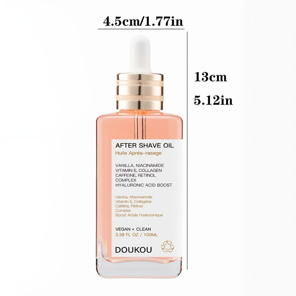 Vanilla Aftershave Oil Enriched with Essential Oils, Featuring Vanilla, Collagen, Vitamin E, Caffeine, Retinol, And Niacinamide. It Provides Hydration, Prevents Ingrown Hairs for a Smooth End, And Is Suitable for Hair And Skin Care, Massage