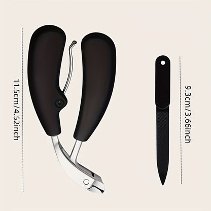 Heavy Duty Nail Clippers for Thick Toenails Seniors — Stainless Steel Concave Blade Large Opening Long Angled Handle, No-Splash Elderly Friendly Precision Toenail Trimmer with Nail File 2pcs