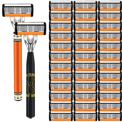 Double Edge Safety Razor Set for Men with 2 Handles & Stainless Steel Replacement Blades — Barber-Quality Close Shave Manual Shaving Kit, Reusable Eco-Friendly Razor, 24/36/54/72 Blade Options