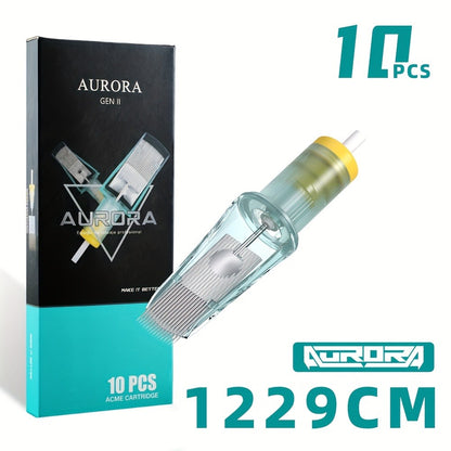 Tattoo Cartridge Needles 10-Pack — Aurora II Curved Magnum, Stainless Steel, Large Ink Capacity, Low Splatter, Transparent Body, for Artists & Beginners