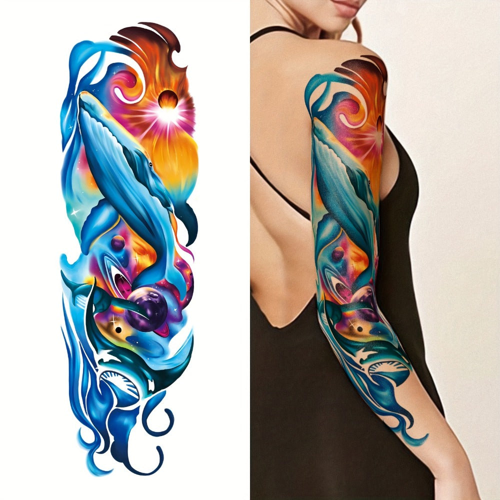 Temporary Tattoos Full Arm 46 Sheets | Waterproof Long-Lasting Body Art Stickers for Men & Women | Colorful Floral Geometric Portrait Ink Painting Style | Realistic Festive Tattoo Design Set