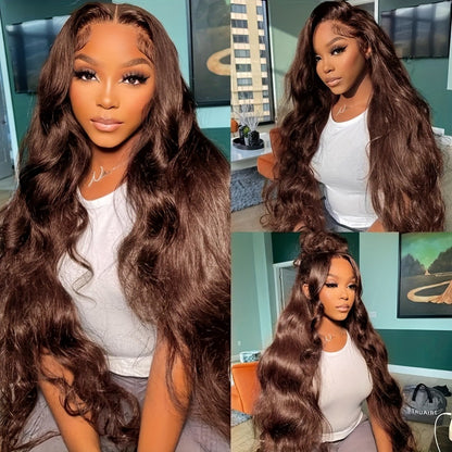 Body Wave Lace Front Wig Synthetic Glueless — Heavy Density, Long 26–34 Inch, Dark Brown, Red, Orange-Red & Black, Women's Wig for Daily Wear, Party & Cosplay