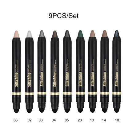 Metallic Eyeshadow Stick Set 9pcs — Waterproof Long-Lasting Eye Makeup Kit with Brush, Shimmer Crayon, Eye Brightener, Highlighter & Eyeliner Pen
