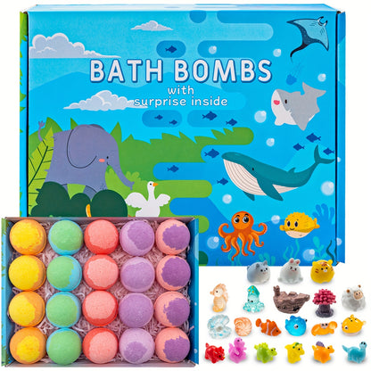 Kids Bath Bombs with Surprise Inside 20 Pack - Fizzy Bath Balls with Hidden Toy, Animal & Ocean Theme, Lavender Scent, Educational Gift for Boys Girls Toddlers