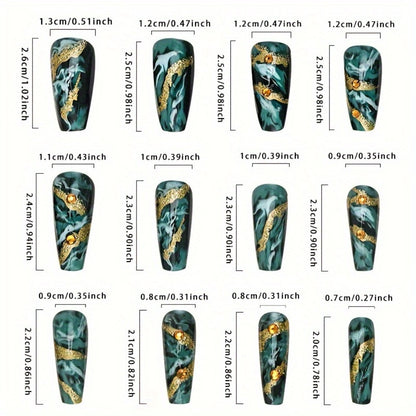 Press On Nails 144 Pieces - Medium Coffin Fake Nails Blue Marble Sequins Glossy | Full Cover Acrylic False Nails with Nail Glue Included, Nude & Blue Glue On Nails for Women Girls 6 Packs