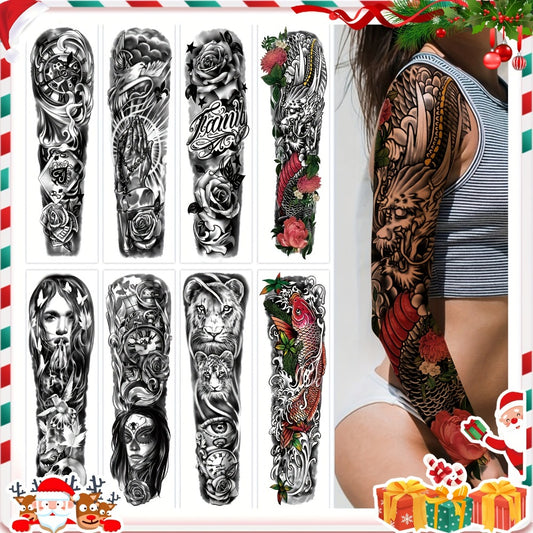 Large Full Arm Temporary Tattoo Stickers 8 Sheets Waterproof Long Lasting Black Realistic Koi Dragon Lion Floral Geometric Designs for Men Women Street Punk Style Body Art
