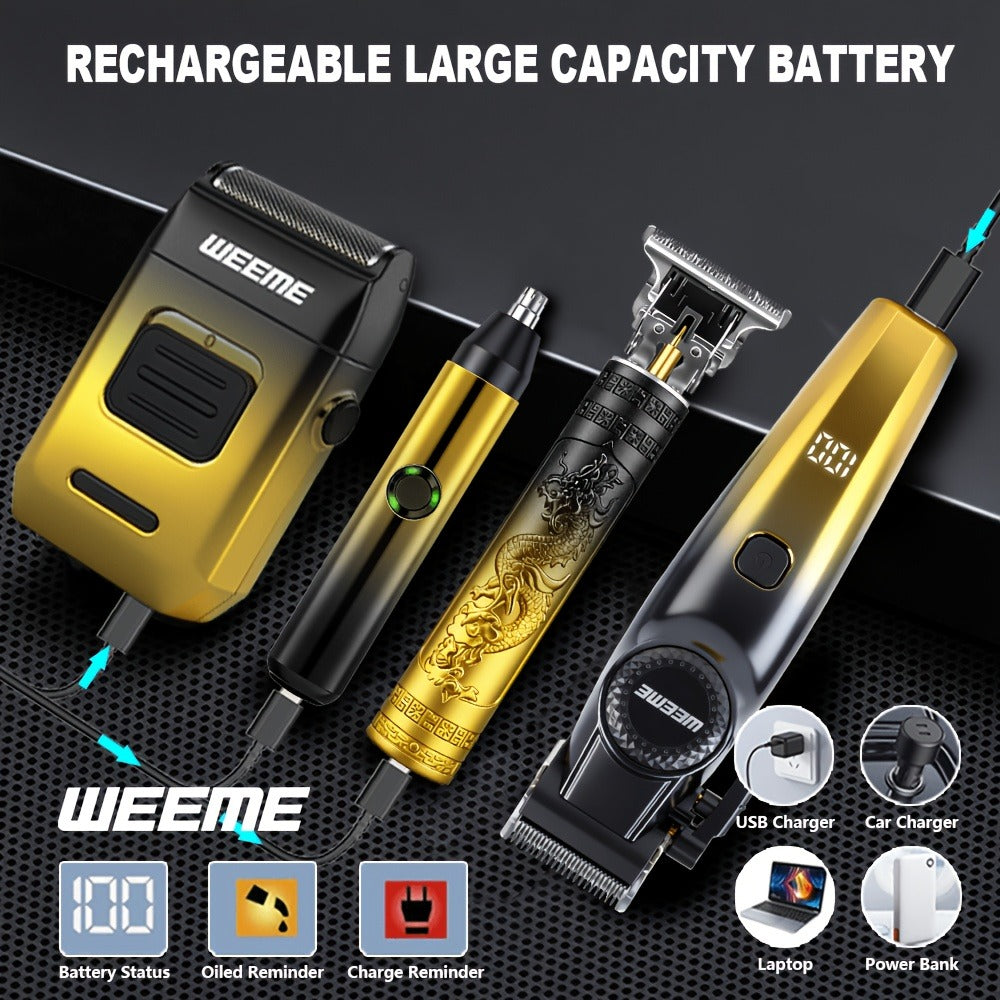 4pcs WEEME Men's Grooming Kit with Electric Shaver, Beard Trimmer & Nose Hair Trimmer - USB-Powered Rechargeable Hair Clipper System, 8 Guide Combs Suitable for Father, Boyfriend, Husband Gift for Holidays, Travel & Use