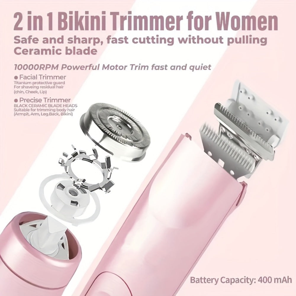 2-In-1 Electric Hair Removal Device for Home Use, Rechargeable Lithium Dual-Head Electric Hair Trimmer for Women | 1pc | Rechargeable Lithium Battery | USB Charging, Multipurpose Bikini Razor And Face Shaver | Body, Arms, Thighs, Electric Shaver