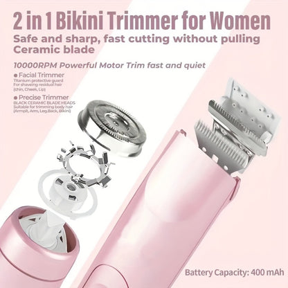 Electric Hair Trimmer 2-in-1 Rechargeable for Women - Dual Head Bikini Razor Face Shaver Body Arms Thighs USB Charging Stainless Steel Blade Cordless Hair Remover