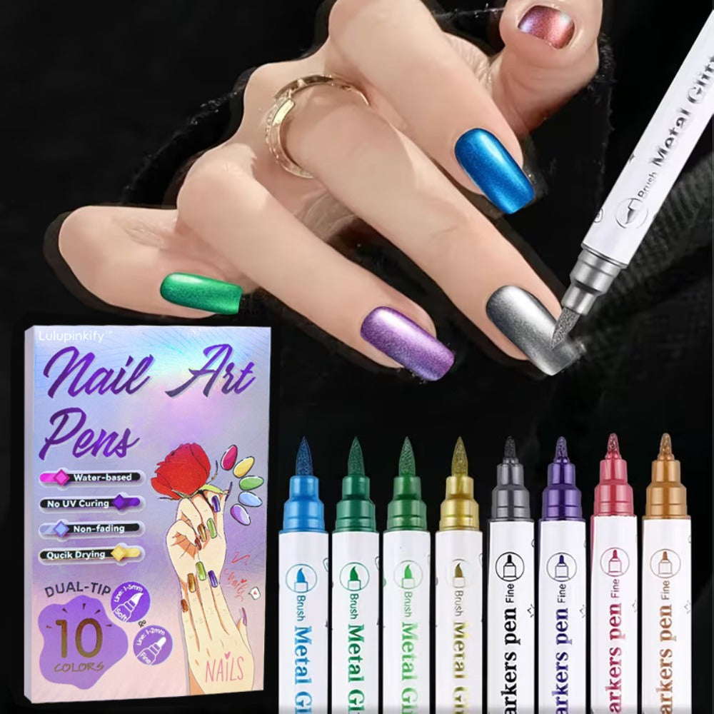 10 Color Metallic Nail Art Pens Set with 12pcs Nail Stickers| Due-Headed 3D Nail Polish Pen| Acrylic Doodle Nail Markers, Nail Paint Dot Stitching Pens, Graffiti Pens for Home Salon Nail Gift Graduation