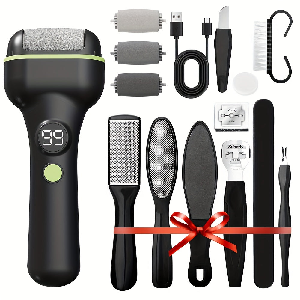 14-In-1 Rechargeable Electric Foot Grinder Kit, Professional Remover with 2 Speed Settings And 3 Interchangeable Rollers, Perfect Foot Scrubber for Hard, Cracked Skin