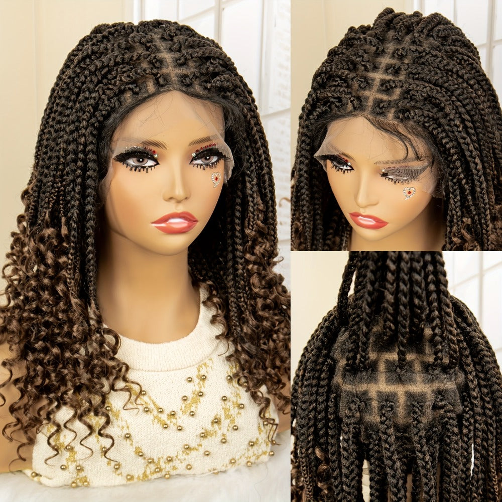 Goddess Braided Wig Knotless Bohemian Square Braid Full Lace Curly Wave Synthetic Wig Women 14-16 Inch Black Burgundy Brown Natural Hairline Protective Style