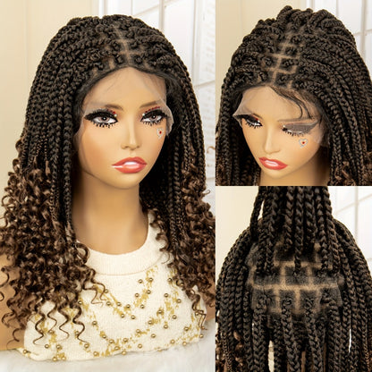Goddess Braided Wig Knotless Bohemian Square Braid Full Lace Curly Wave Synthetic Wig Women 14-16 Inch Black Burgundy Brown Natural Hairline Protective Style
