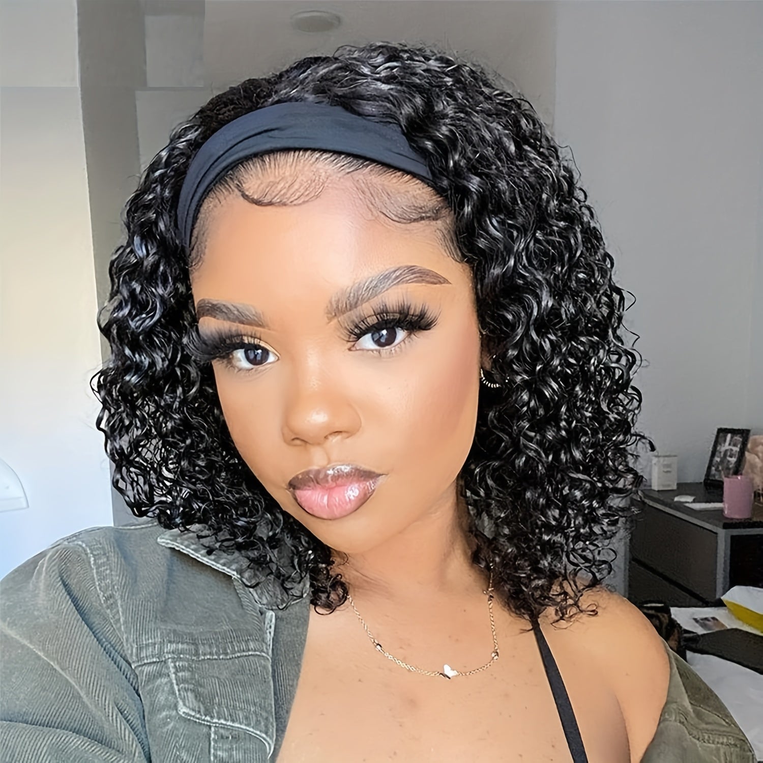 Headband Wig, Human Wig, for Woman, Pixie Cut Wig, No Glue Wig, Short Curly Hair Headband Wig, Density, Natural Black, Beginners Friendly