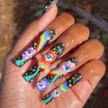 5 Boxes (120 Pcs Extra Long Press On Nails Fake Nails Set - Cosmic Eyes & Crystal Rhinestones Matte With Glue On NailsColorful Stripes Floral Patterns-Wearable Nail Art - Festive Gift Set