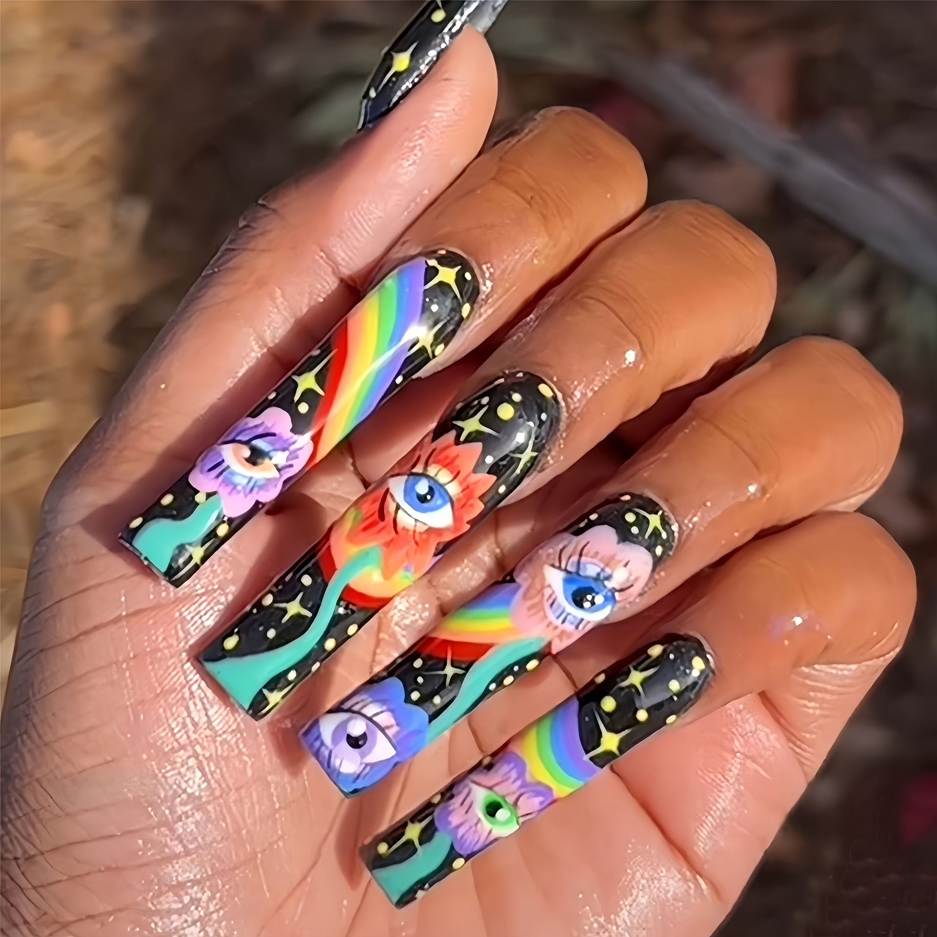 5 Boxes (120 Pcs Extra Long Press On Nails Fake Nails Set - Cosmic Eyes & Crystal Rhinestones Matte With Glue On NailsColorful Stripes Floral Patterns-Wearable Nail Art - Festive Gift Set