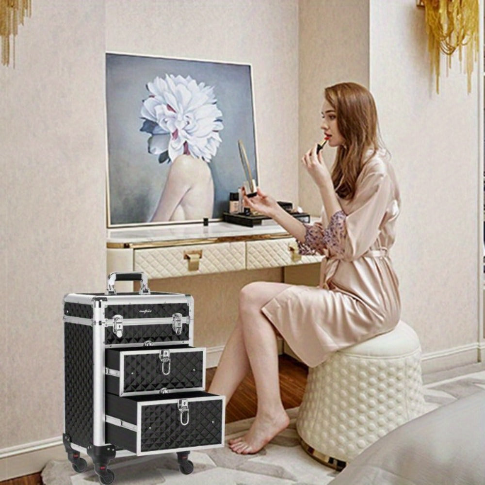 OmySalon Aluminum Rolling Makeup Train Case, Portable Makeup Organizer Suitcase, Cosmetic Storage Box, Travel Beauty Luggage Trolley Lockable W/4 Removable Wheels & 2 Sliding Drawers, Valentines Day Gift for Her (Black), Valentine's Day And Other Festival