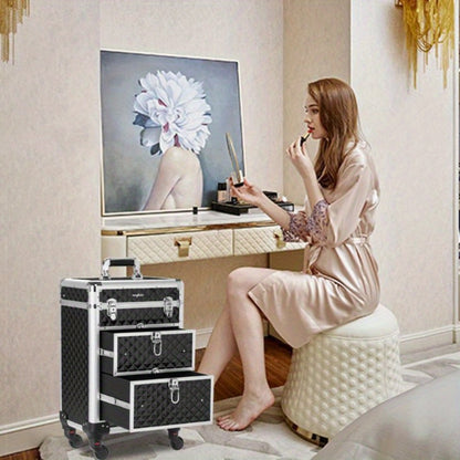 Rolling Makeup Train Case Aluminum Lockable Trolley with 4 Wheels 2 Sliding Drawers Telescopic Rod Portable Cosmetic Organizer Suitcase for Makeup Artists Salon Travel Beauty Storage Black
