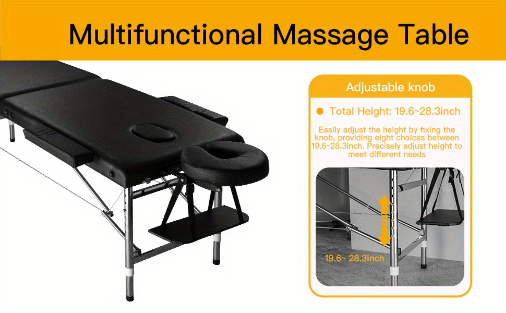 Massage Table Portable Adjustable 24" Wide Black Aluminum 3-Folding Spa Bed, Ideal for Tattoo Chair, Lash Bed, and Esthetician Massage Bed for Professionals Massage Tables Portable