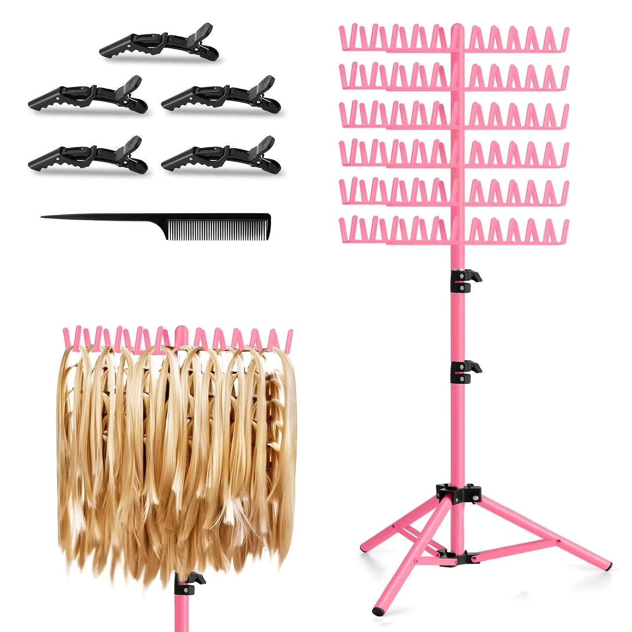 Hair Extension Rack 144 Pegs Standing Braiding Hair Holder Organizer with Divider Separator Freestanding Display Stand for Salon Home Retail Black White Pink