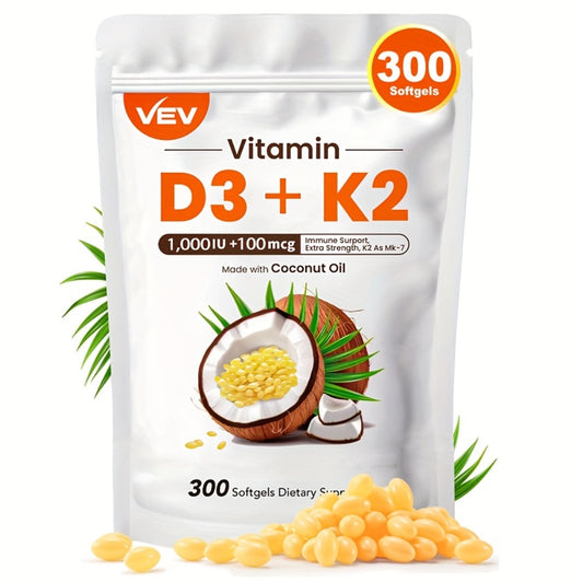 Vitamin D3 + K2 (MK-7) Supplement -1, 000 IU D3 & 100 Mcg K2 -with Coconut Oil -300 Softgels -Immune & Bone Support -for Active Lifestyles & Daily Wellness | Vitamins And Supplements | Local Warehouse, Free Shipping On Orders Over $30