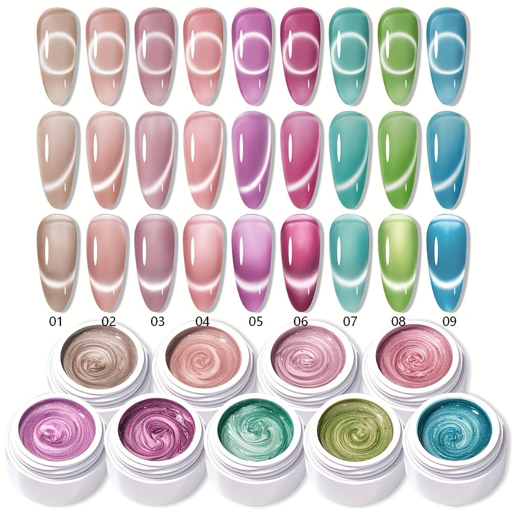 MORDDA Cat Eye Gel Nails - 9 Color Set with Sparkling Glass Bead Effect, -Cured, Magnetic Base, Multi-Color Shifting, Alcohol-Free, Perfect for Salon & DIY, Festive Gift for Women, Nail Art Supplies|Cat Eye Nail Design|Glossy Finish