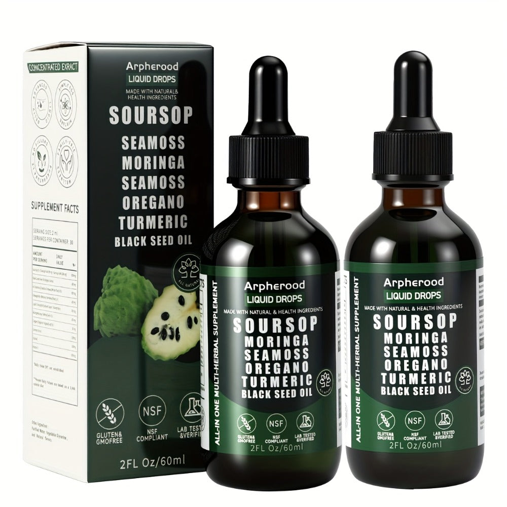 Soursop Graviola Liquid Blend | Leaf And Fruit Formula with Sea Moss, Elderberry And Black Seed Oil | High-Potency Oral Drops for Immune Wellness, Digestive Balance And Liver Care for Men And Women | 2 Fl.Oz Glass Bottle, Dietary Supplements