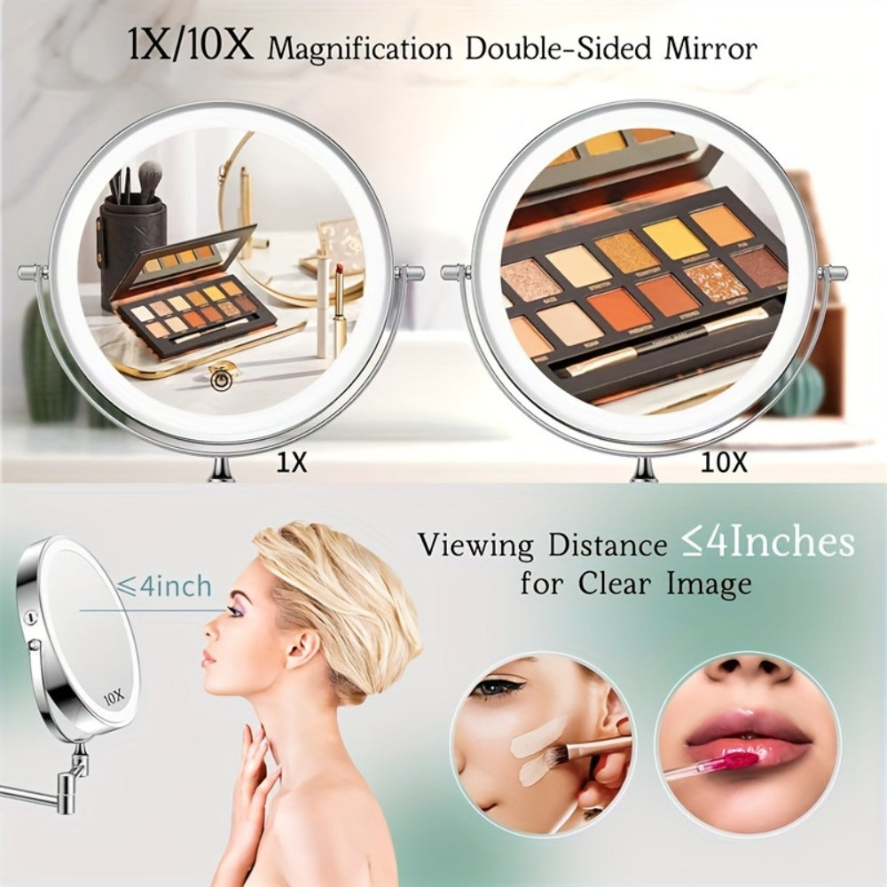 Wall Mounted Lighted Makeup Mirror 10X Magnification, 8 Inch LED Vanity Mirror 1X/10X Double Sided, 3 Color Lights Touch Dimmer 360° Swivel Rechargeable — Black Silver Gold