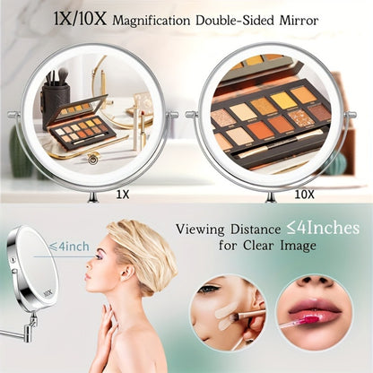 Wall Mounted Lighted Makeup Mirror 10X Magnification, 8 Inch LED Vanity Mirror 1X/10X Double Sided, 3 Color Lights Touch Dimmer 360° Swivel Rechargeable — Black Silver Gold