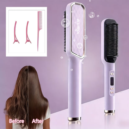 Hair Straightener Brush 10s Fast Heat LCD Display – 5 Temperature Flat Iron Comb Anti-Scald Straightening Brush for Women with 2 Clips & Comb – White, Grey, Purple