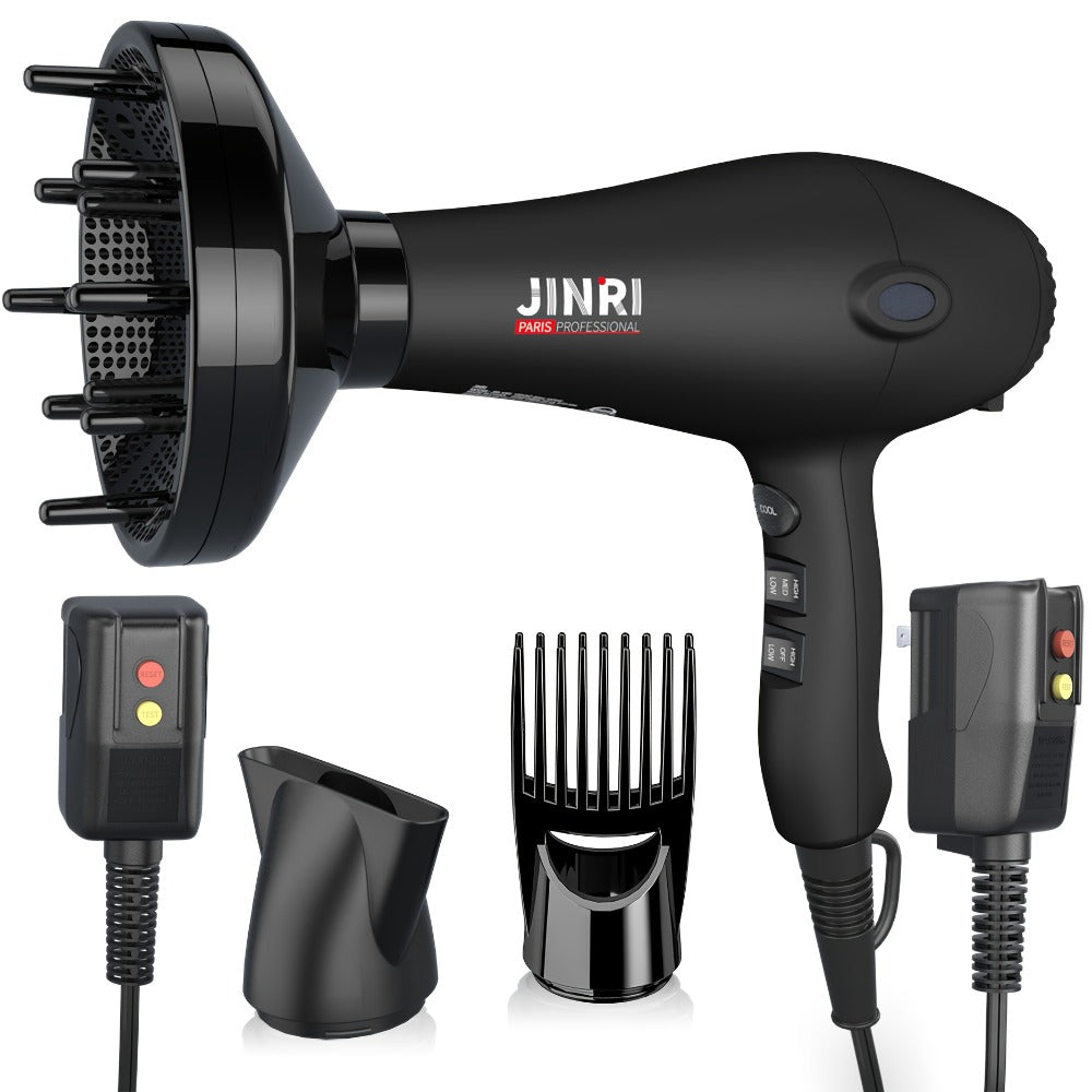 JINRI Professional Salon Ionic Hair Dryer with Diffuser & Concentrator Attachments, Ideal for Curly Hair - Black, 1875W, Non-Folding Handle, 1. 196.85inch-118.11inch Adjustable Cord, US Plug