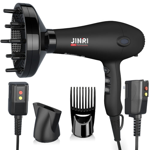 Professional Ionic Hair Dryer 1875W with Diffuser & Concentrator Attachments — Salon-Quality Blow Dryer for Curly Hair, Adjustable Cord, US Plug, Black